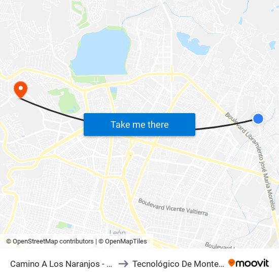 Camino A Los Naranjos - Privanza Los Naranjos to Tecnológico De Monterrey - Campus León map