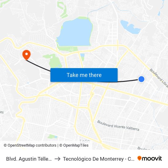 Blvd. Agustin Téllez Cruces to Tecnológico De Monterrey - Campus León map