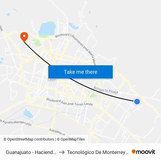 Guanajuato - Hacienda Los Otates to Tecnológico De Monterrey - Campus León map