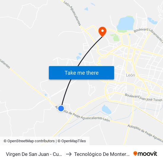 Virgen De San Juan - Cumbres De La Gloria to Tecnológico De Monterrey - Campus León map