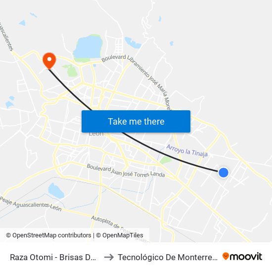 Raza Otomi - Brisas De San Francisco to Tecnológico De Monterrey - Campus León map