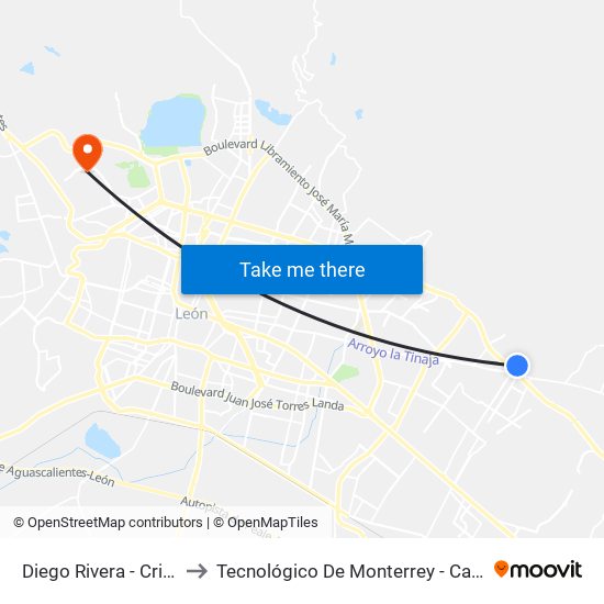 Diego Rivera - Cristo Rey to Tecnológico De Monterrey - Campus León map