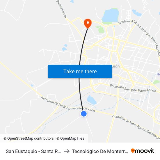 San Eustaquio - Santa Rosa Plan De Ayala to Tecnológico De Monterrey - Campus León map