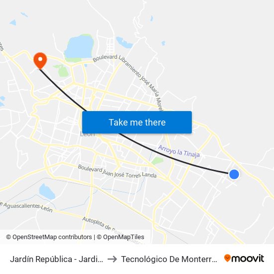 Jardín República - Jardines De San Juan to Tecnológico De Monterrey - Campus León map