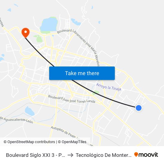 Boulevard Siglo XXI 3 - Parques De San Juan to Tecnológico De Monterrey - Campus León map