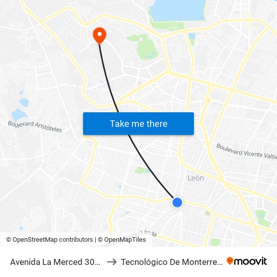 Avenida La Merced 302 - Los Limones to Tecnológico De Monterrey - Campus León map