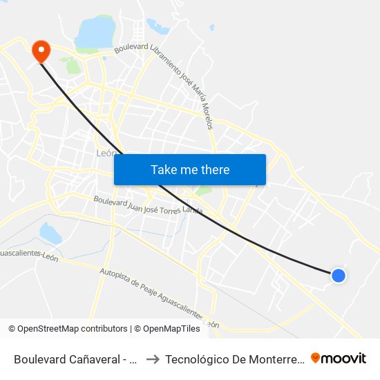 Boulevard Cañaveral - Héroes De León to Tecnológico De Monterrey - Campus León map
