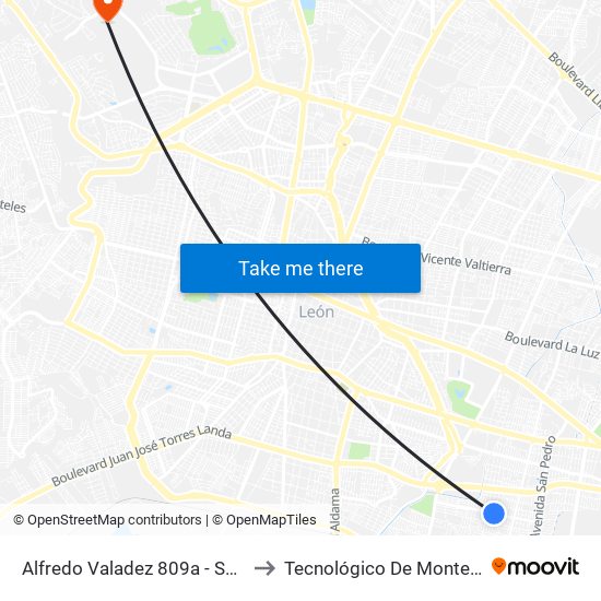 Alfredo Valadez 809a - Santa María El Granjeno to Tecnológico De Monterrey - Campus León map