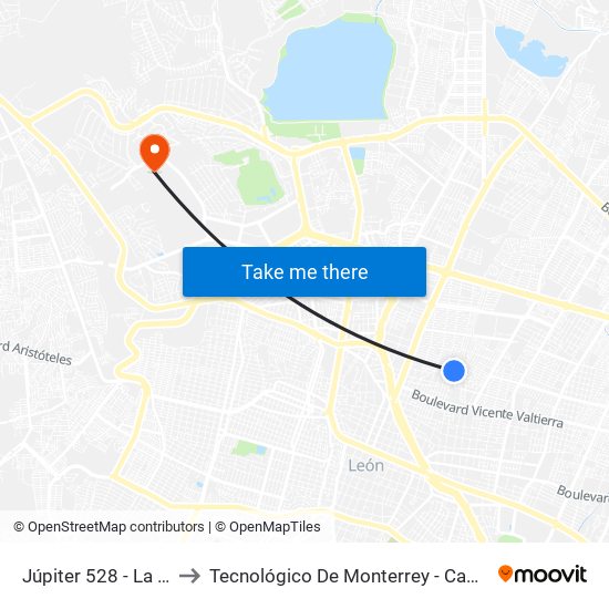 Júpiter 528 - La Anaya to Tecnológico De Monterrey - Campus León map