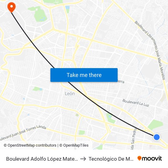 Boulevard Adolfo López Mateos Oriente 3701 - Plaza Centro Max to Tecnológico De Monterrey - Campus León map
