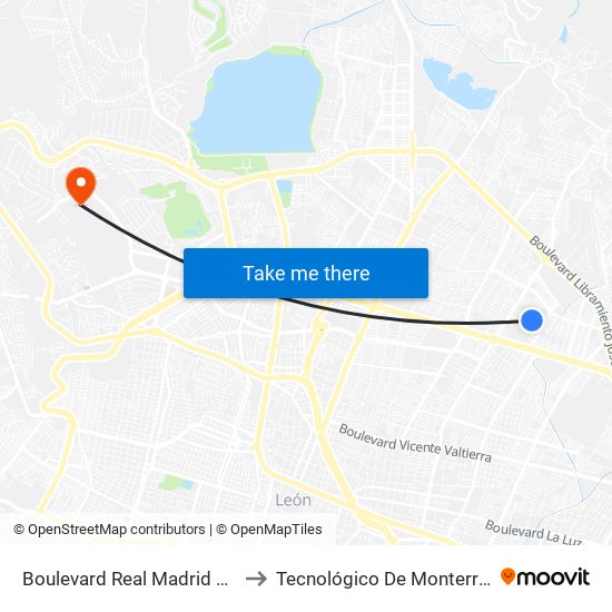 Boulevard Real Madrid 1002 - Deportiva II to Tecnológico De Monterrey - Campus León map