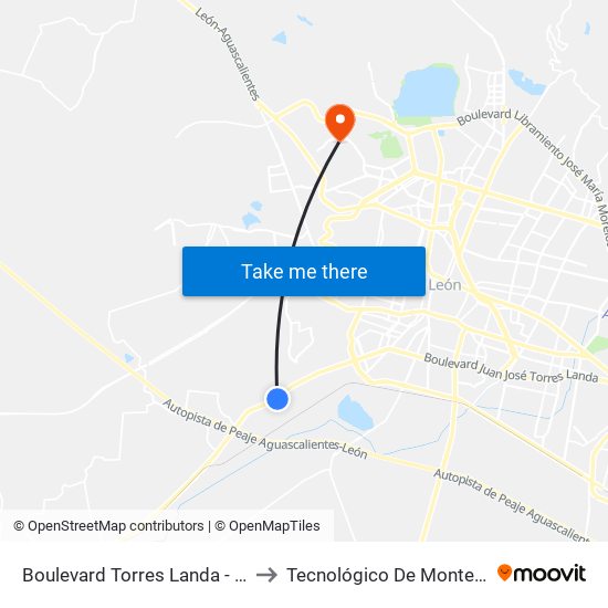 Boulevard Torres Landa - Predio Arroyo Hondo to Tecnológico De Monterrey - Campus León map