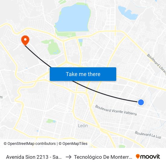 Avenida Sion 2213 -  San Felipe De Jesús to Tecnológico De Monterrey - Campus León map