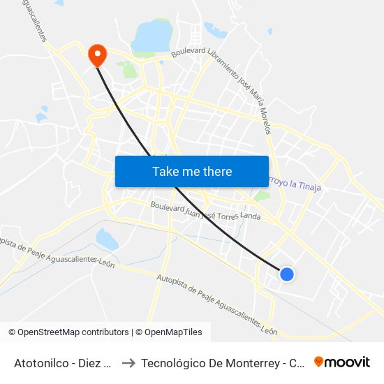 Atotonilco  -  Diez De Mayo to Tecnológico De Monterrey - Campus León map