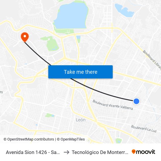 Avenida Sion 1426 -  San Felipe De Jesús to Tecnológico De Monterrey - Campus León map