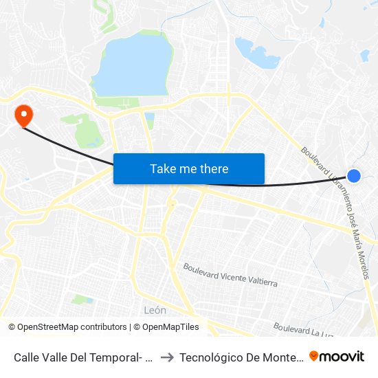 Calle Valle Del Temporal-  Valle De San Bernardo to Tecnológico De Monterrey - Campus León map