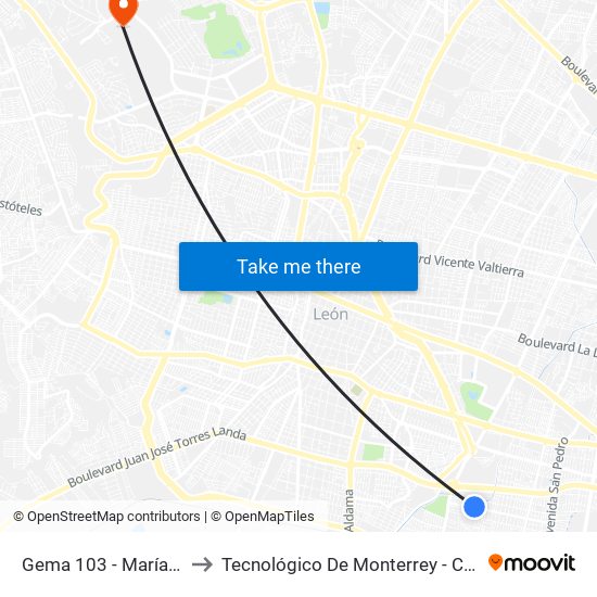 Gema 103 -  María Dolores to Tecnológico De Monterrey - Campus León map