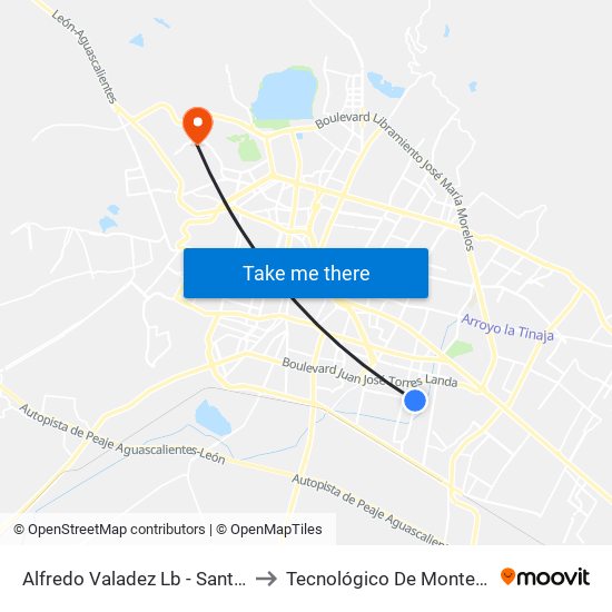 Alfredo Valadez Lb -  Santa María Del Granjeno to Tecnológico De Monterrey - Campus León map