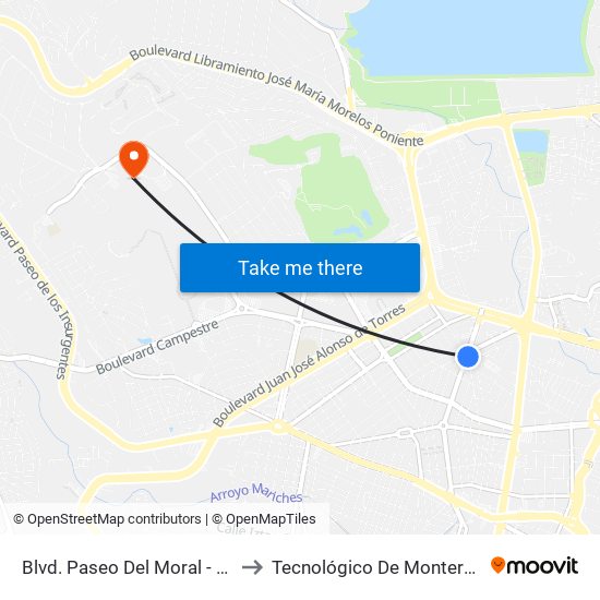 Blvd. Paseo Del Moral - Jardines Del Moral to Tecnológico De Monterrey - Campus León map