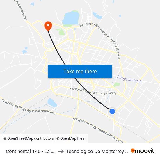 Continental 140 -  La Noria Parque to Tecnológico De Monterrey - Campus León map