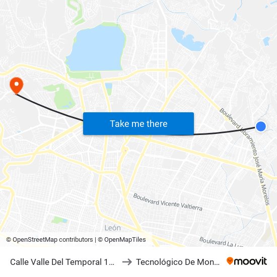 Calle Valle Del Temporal 121 -  Valle De San Bernardo to Tecnológico De Monterrey - Campus León map