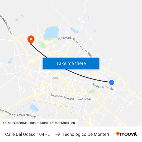 Calle Del Ocaso 104 - Nuevo Amanecer to Tecnológico De Monterrey - Campus León map