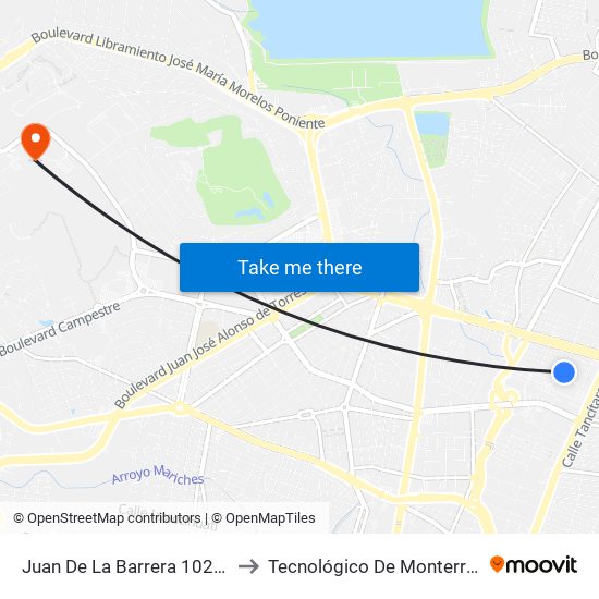 Juan De La Barrera 102 -  San Jerónimo II to Tecnológico De Monterrey - Campus León map