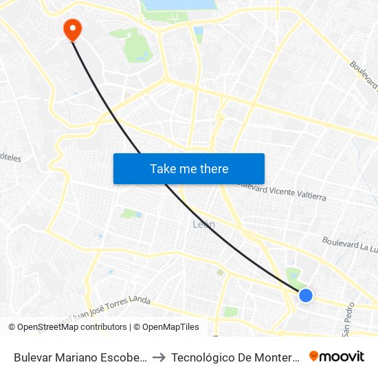 Bulevar Mariano Escobedo 2805 -  Oriental to Tecnológico De Monterrey - Campus León map