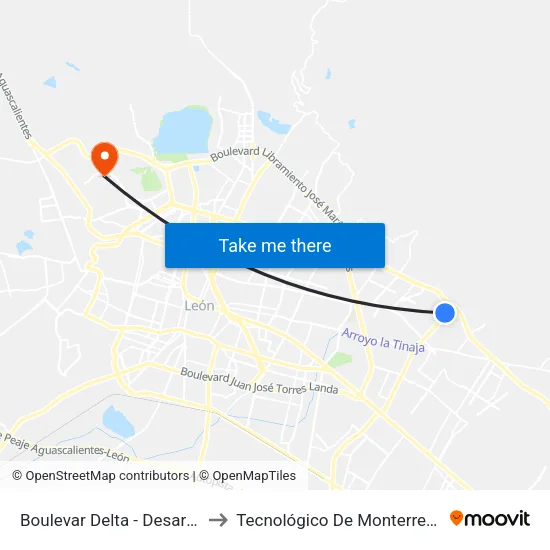 Boulevar Delta -  Desarrollo El Potrero to Tecnológico De Monterrey - Campus León map
