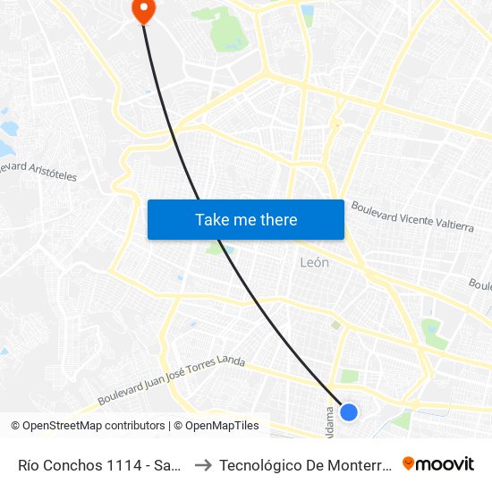 Río Conchos 1114 -  San Miguel Infonavit to Tecnológico De Monterrey - Campus León map