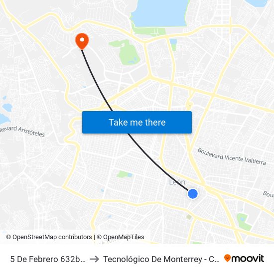 5 De Febrero 632b -  Centro to Tecnológico De Monterrey - Campus León map