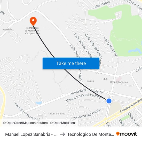 Manuel Lopez Sanabria  -  Lomas Del Campestre to Tecnológico De Monterrey - Campus León map