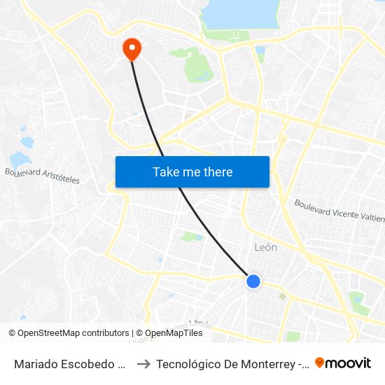 Mariado Escobedo 115 -  Centro to Tecnológico De Monterrey - Campus León map