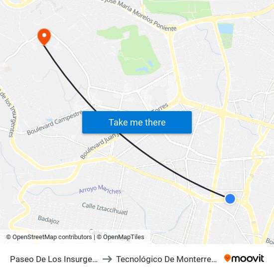 Paseo De Los Insurgentes -  Peñitas to Tecnológico De Monterrey - Campus León map