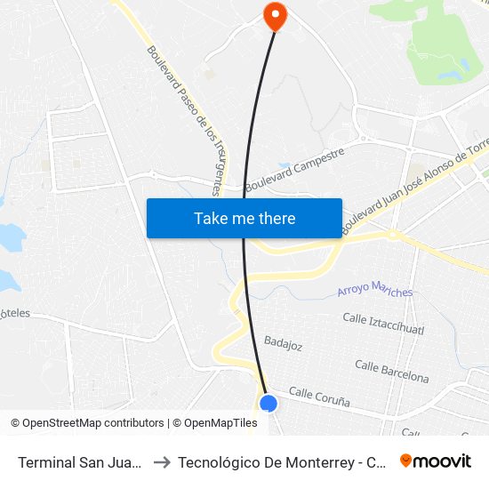 Terminal San Juan Bosco to Tecnológico De Monterrey - Campus León map