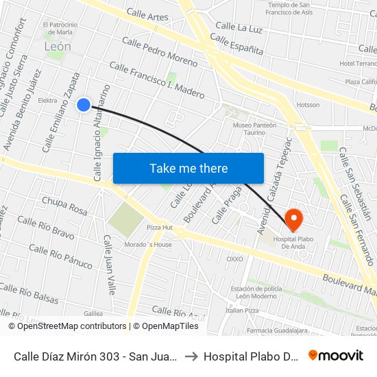 Calle Díaz Mirón 303 - San Juan De Dios to Hospital Plabo De Anda map