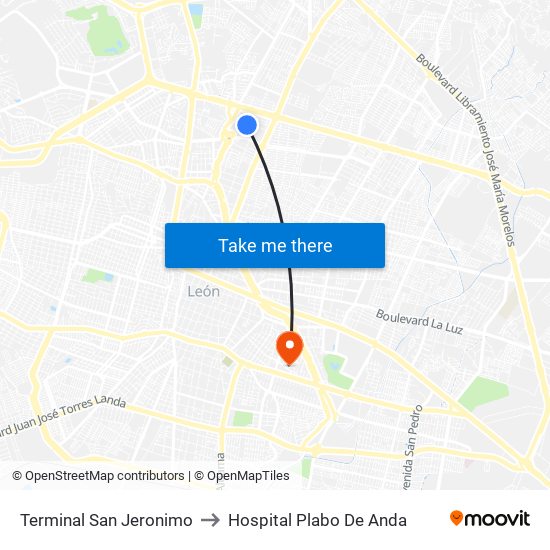 Terminal San Jeronimo to Hospital Plabo De Anda map