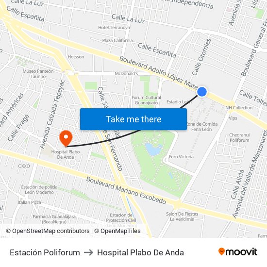 Estación Poliforum to Hospital Plabo De Anda map