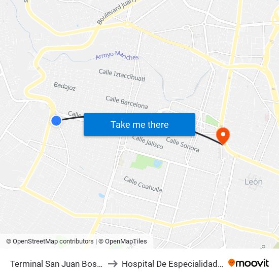 Terminal San Juan Bosco to Hospital De Especialidades map