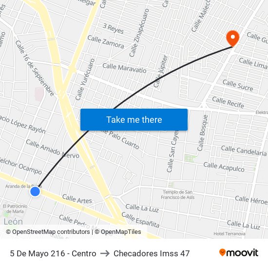 5 De Mayo 216 - Centro to Checadores Imss 47 map