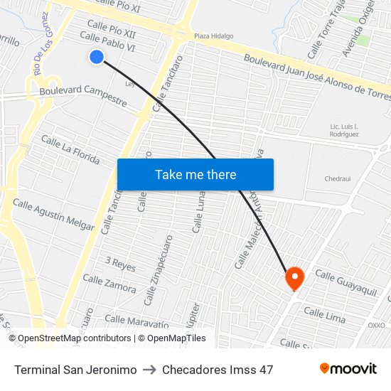 Terminal San Jeronimo to Checadores Imss 47 map