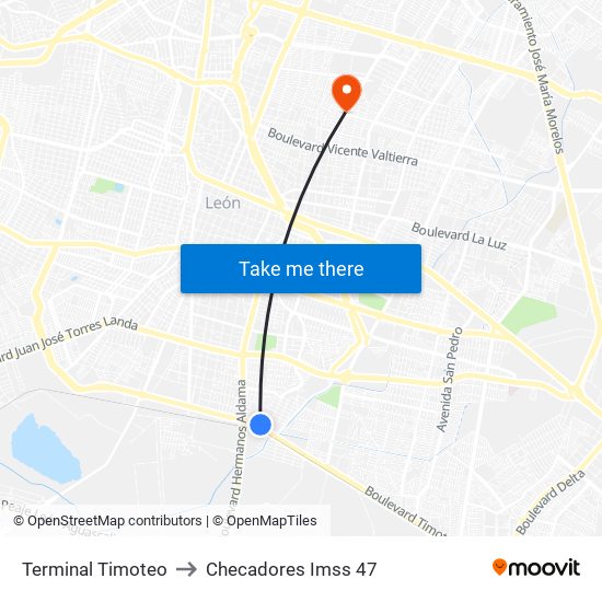 Terminal Timoteo to Checadores Imss 47 map