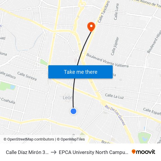 Calle Díaz Mirón 303 - San Juan De Dios to EPCA University North Campus (Universidad EPCA Plantel Norte) map