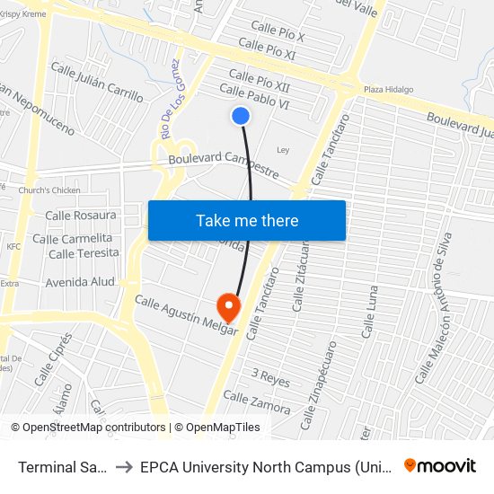 Terminal San Jeronimo to EPCA University North Campus (Universidad EPCA Plantel Norte) map