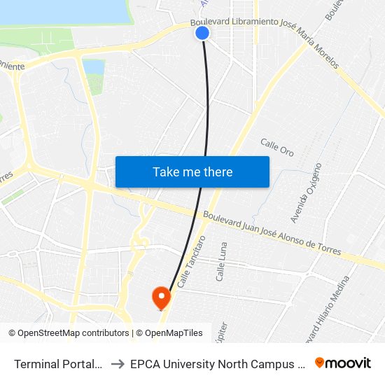 Terminal Portales De La Arboleda to EPCA University North Campus (Universidad EPCA Plantel Norte) map