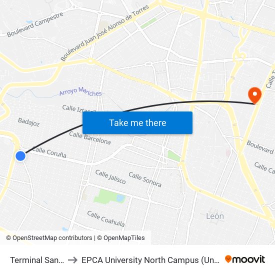 Terminal San Juan Bosco to EPCA University North Campus (Universidad EPCA Plantel Norte) map