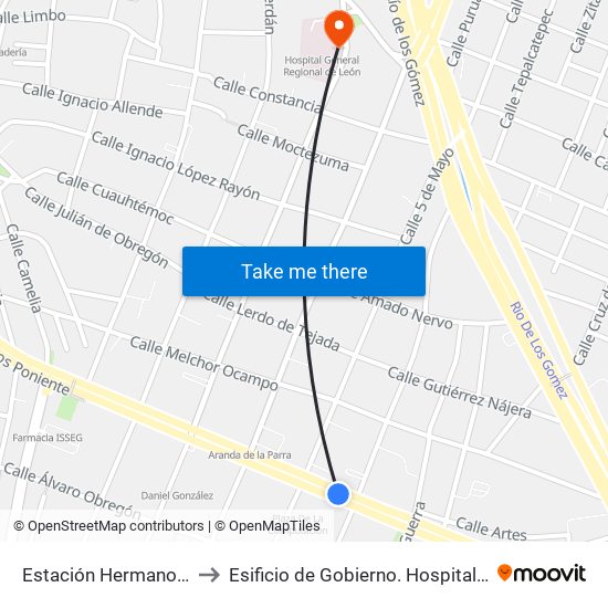 Estación Hermanos Aldama to Esificio de Gobierno. Hospital General Leon map