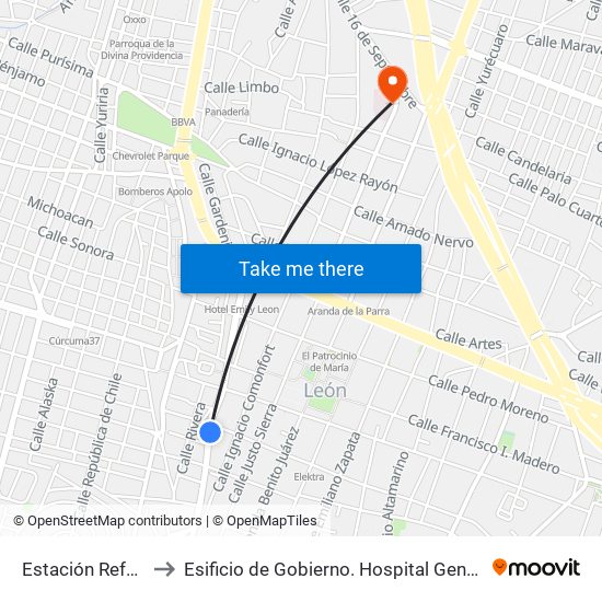 Estación Reforma to Esificio de Gobierno. Hospital General Leon map