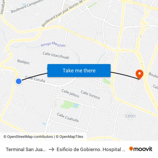 Terminal San Juan Bosco to Esificio de Gobierno. Hospital General Leon map