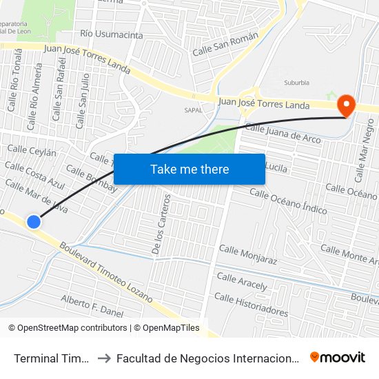 Terminal Timoteo to Facultad de Negocios Internacionales UDL map